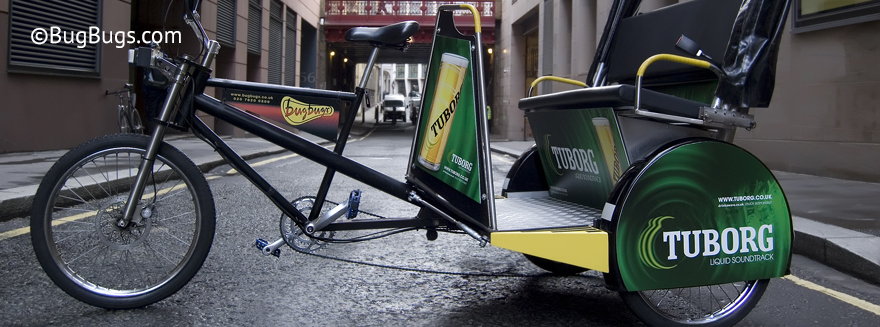 An example of Bugbugs rickshaw branding featuring Tuborg Beer