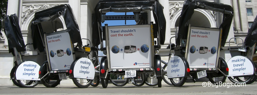 An example of Bugbugs pedicab branding for National Express Coaches