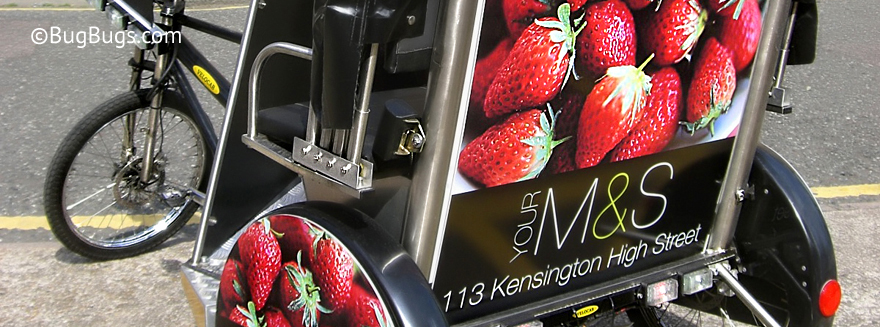 An example of Bugbugs pedicab branding for Marks and Spencers
