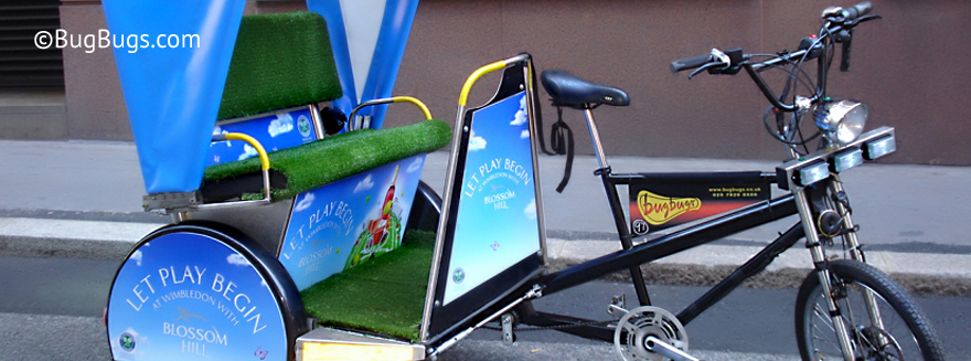 An example of Bugbugs rickshaw branding at Wimbledon with Blossom Hill Wines