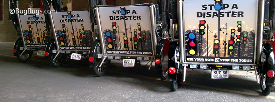 An example of Bugbugs pedicab branding featuring a 'use your vote' campaign