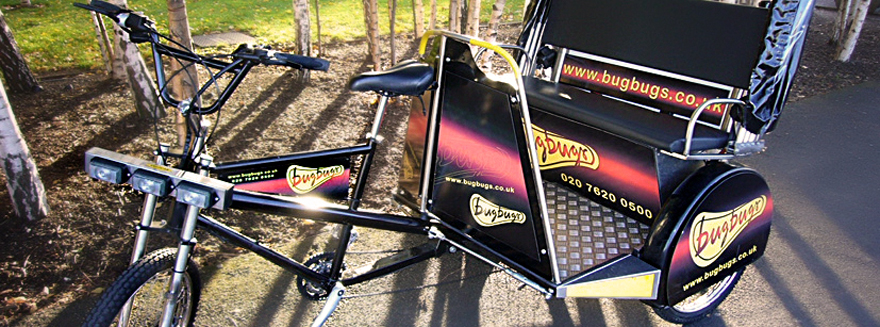 A Bugbugs branded rickshaw pictured on a bright sunny day